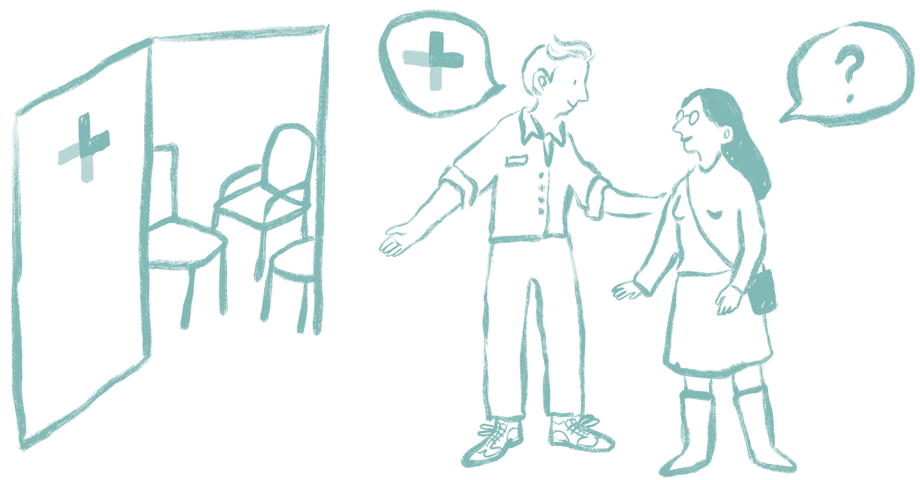 Pharmacist and patient speaking in front of a private consultation room, with chairs visible through the open door.