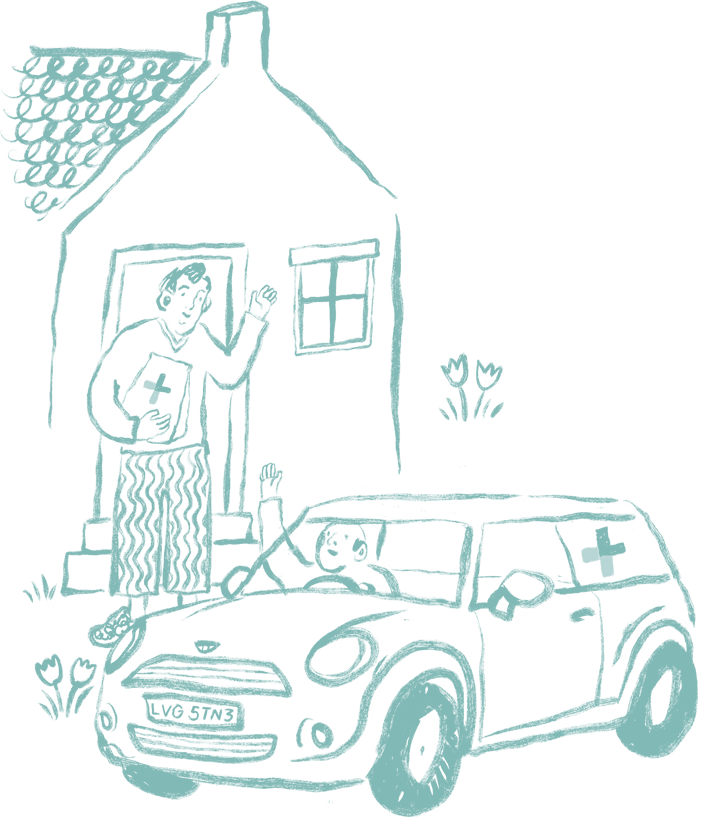 Pharmacist handing a prescription to a customer at the door of a home, with a small delivery van parked outside.