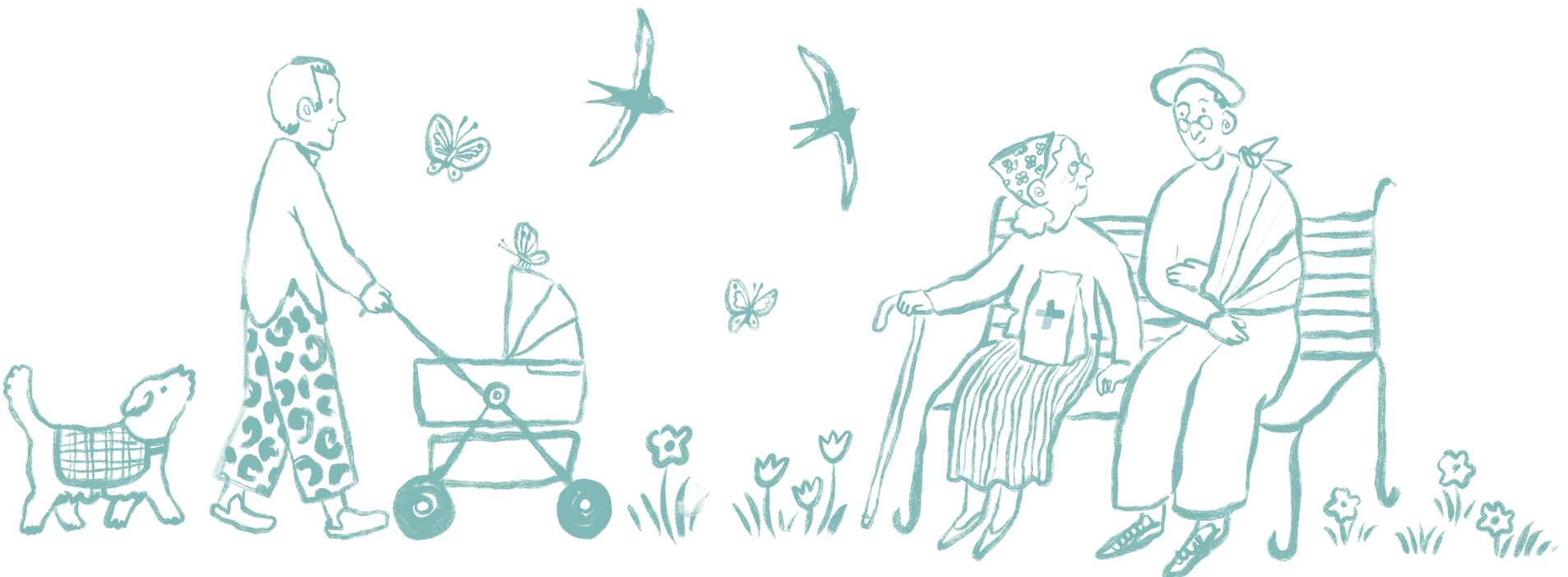 Two generations outside a park bench — a parent with a pram and dog, an older couple on a bench, swallows flying overhead.